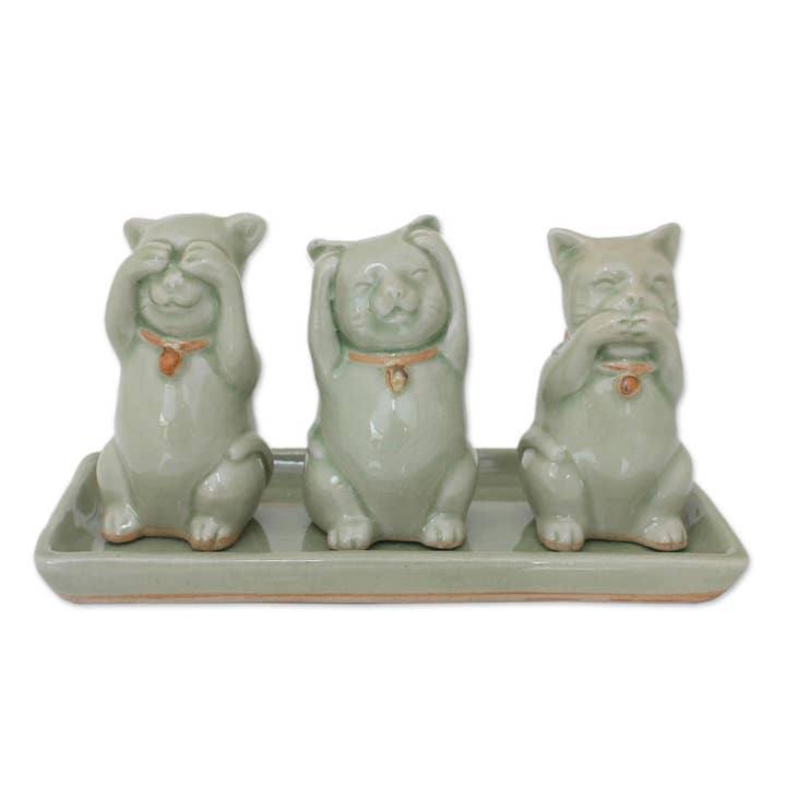 Novica Handmade Cats Shun Evil Celadon Figurines (Set Of 3) for wholesale by NOVICA