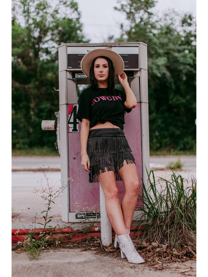 Black MK406 Cowgirl 3D Pink Sequin Embroidered Tee for wholesale on Faire