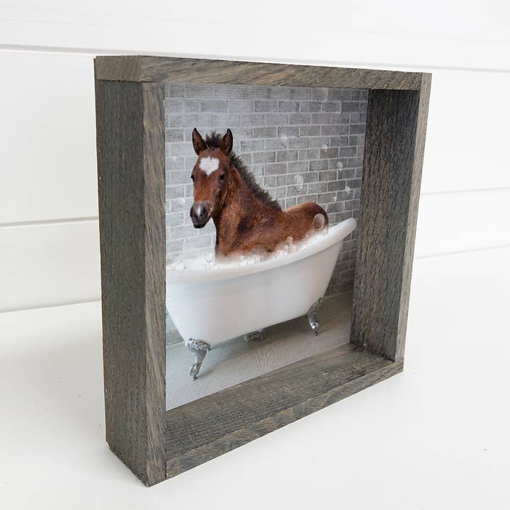 Hangout Home - Wholesale Bathroom Sign - Horse in a Bathtub Funny Bathroom Greywash Wood Frame