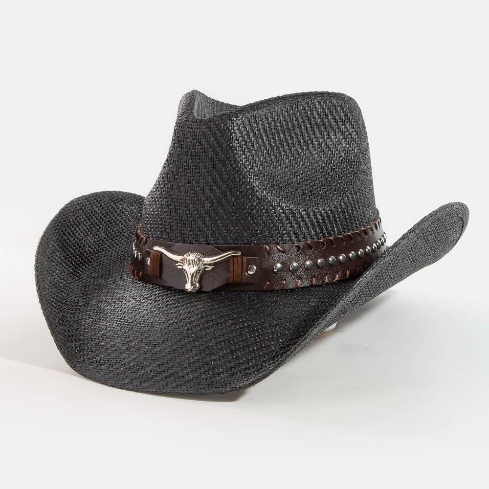 Collections by Fame Accessories - Vente Chapeau de cowboy – femme - Chapeau de cowboy western en paille avec sangle à tête de taureau cloutée6