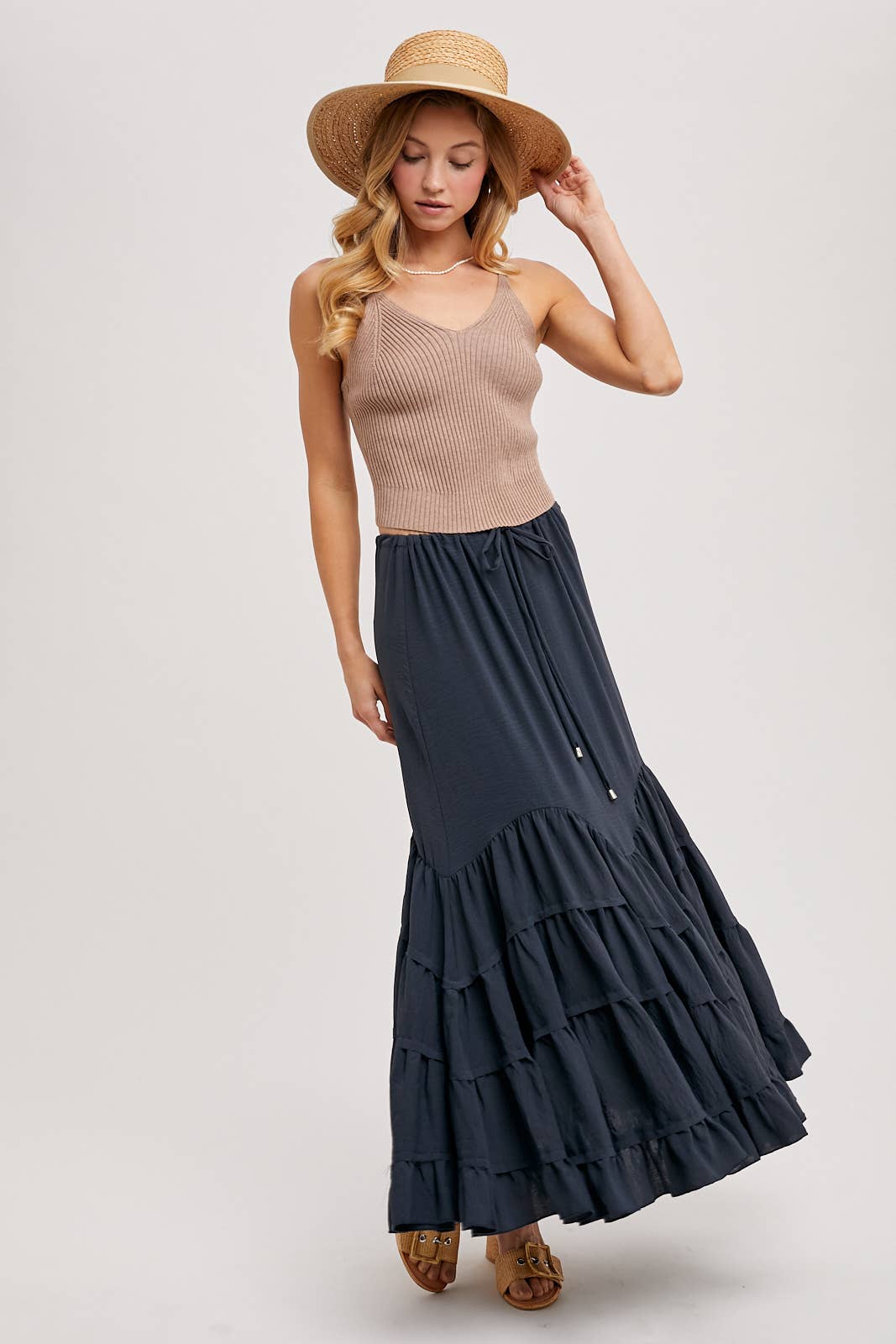 Bluivy - Wholesale Skirt - Women's - RUFFLED DRAWSTRING WASIT MAXI SKIRT WITH LINING18