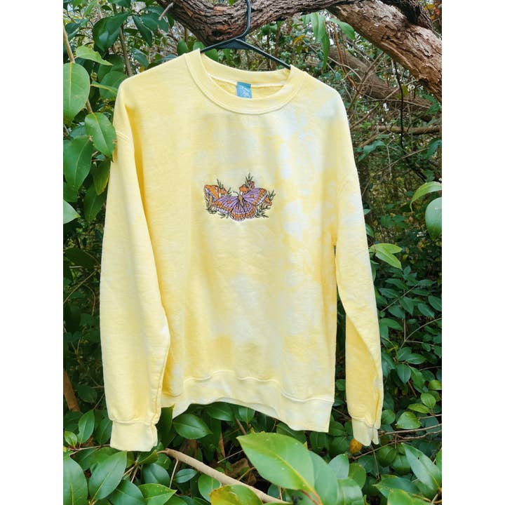 Hand Dyed Yellow Moth Embroidered Crewneck for wholesale by LeBeau Denim Co.