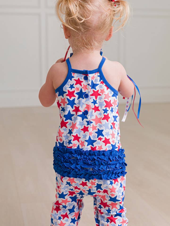 RuffleButts + RuggedButts - Wholesale Romper - Kids - Baby Girls Star-Spangled Tie Full Length Romper