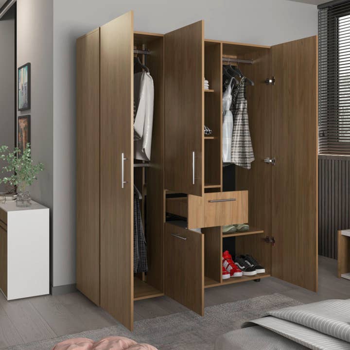 Natural Oak Bariloche 70" High Four- Door, One Drawer Armoire With Three Hanging Rods, Seven Shelves Bedroom, Wardrove, Closet for wholesale on Faire1