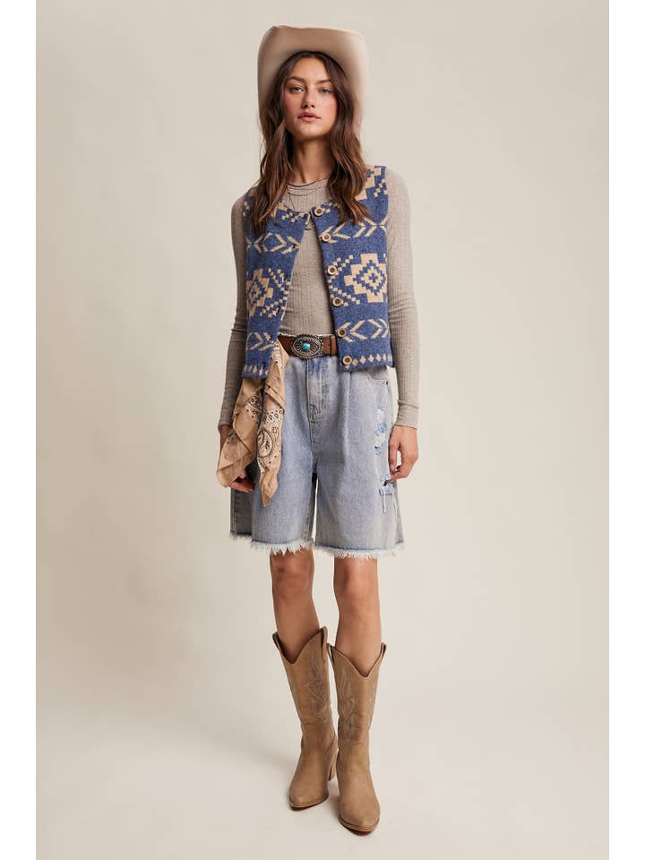 Listicle - Wholesale Sweater Vest - Women's - Southwestern Button-Up Vest LSW09779