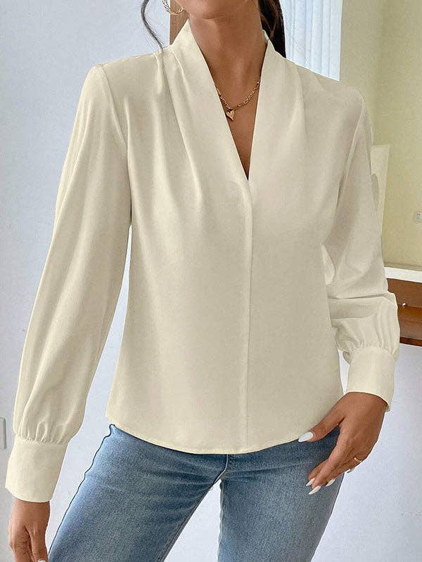 Sheer Trend - Vente Chemisier – femme - Blouses et chemises amples et plissées à manches longues, couleur unie, à joint fendu et col en V14