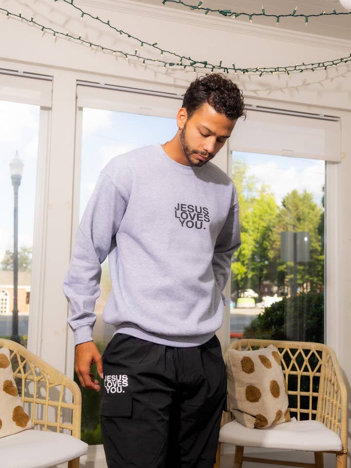 Jesus Loves You Company - Wholesale Graphic Sweatshirt - Unisex - “Check Front” Gray Crewneck Sweatshirt