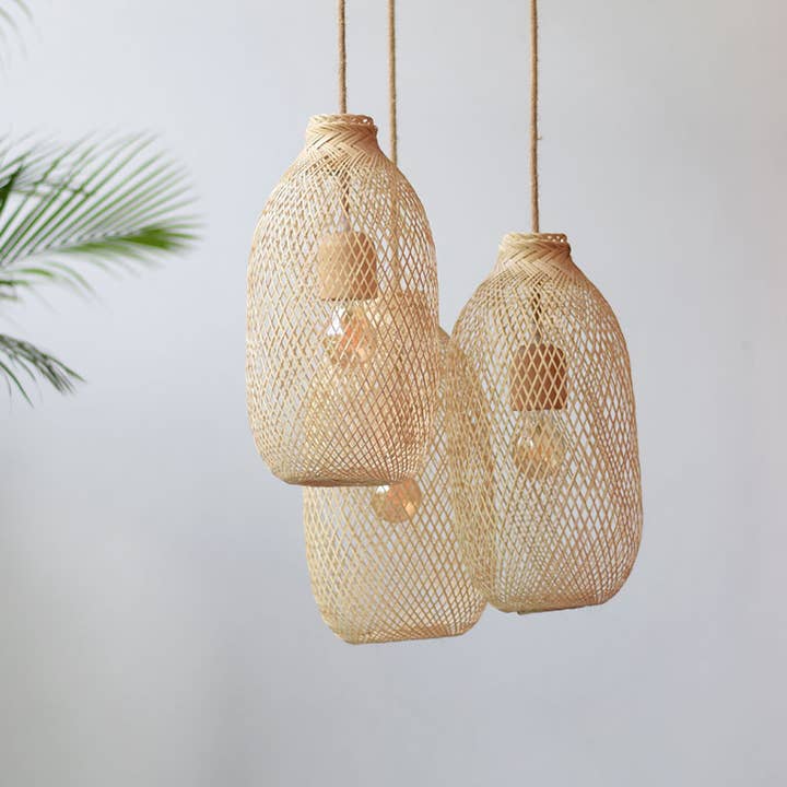 Lanna Passa - Vendita all'ingrosso Lampadario/lampada a sospensione - Set di lampade a sospensione in bambù in legno e corda, baldacchino a triplo grappolo2