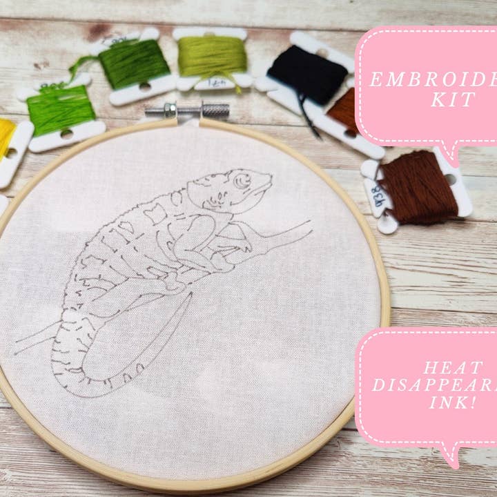 Chameleon Broderi Kit för nybörjare, Förtryckt broderisats för vuxna och barn, 6 ”Hoop Hand Broderi Kits UK, Hoop Art Craft Gift Gift för wholesale av Kims Crafty Corner
