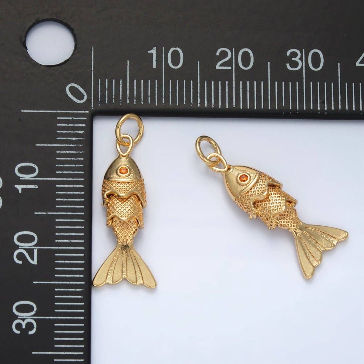 Aim Eternal - Wholesale Individual Charm/Pendant - 24K Gold Filled 25mm Orange CZ Multidimensional Textured Fish Sea Animal Charm | AG9251