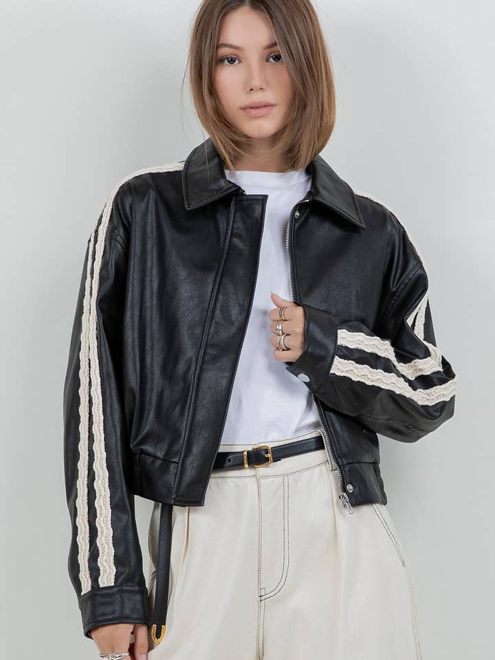 PU FAUX LEATHER BOMBER JACKET WITH CONTRAST TRIM for wholesale by Whiteroom+Cactus