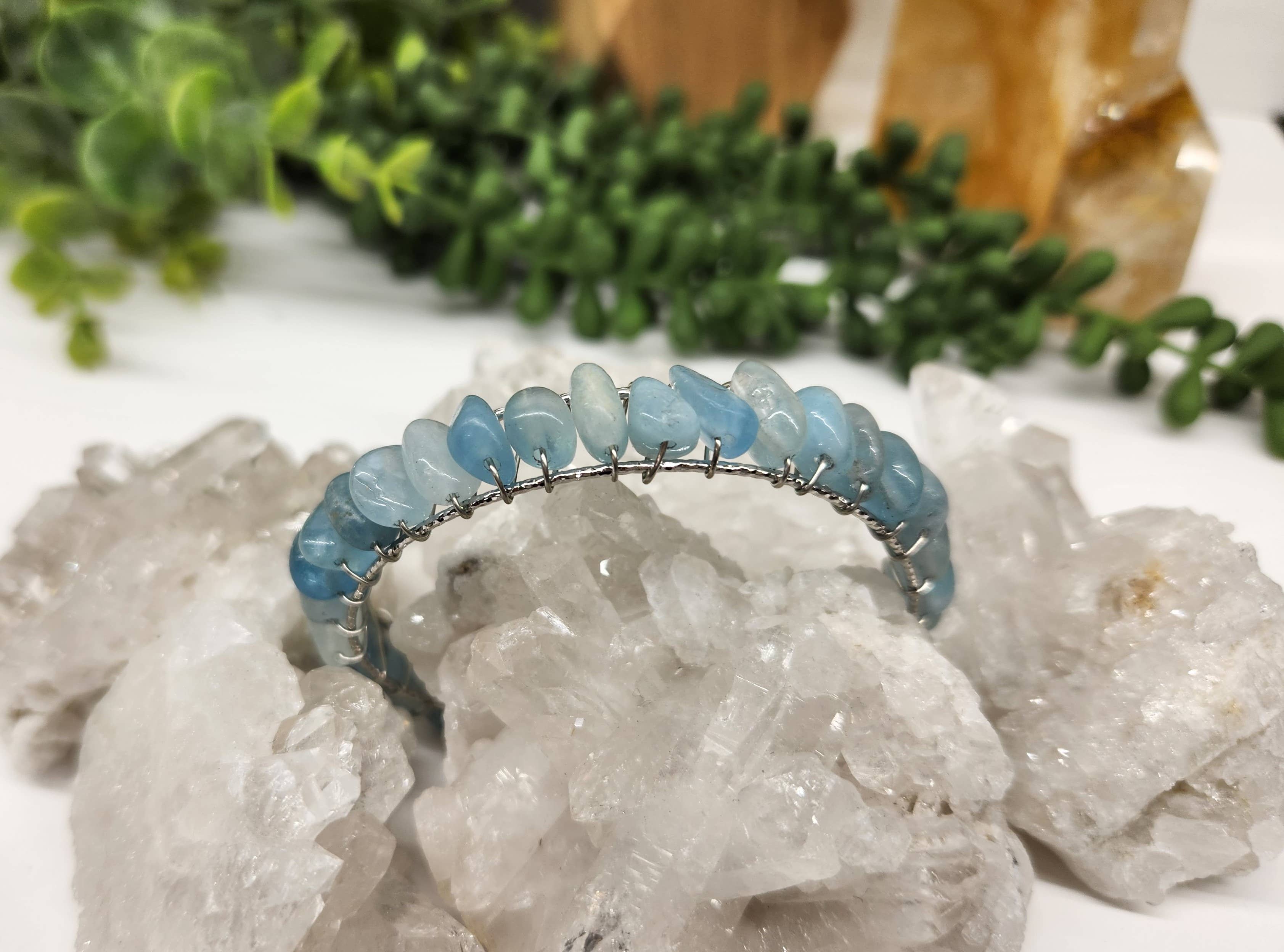 Meraki Gemstones - Wholesale Cuff Bracelet - Aquamarine Bangle/Cuff Wire Wrapped  -18kt. Gold Overlay3