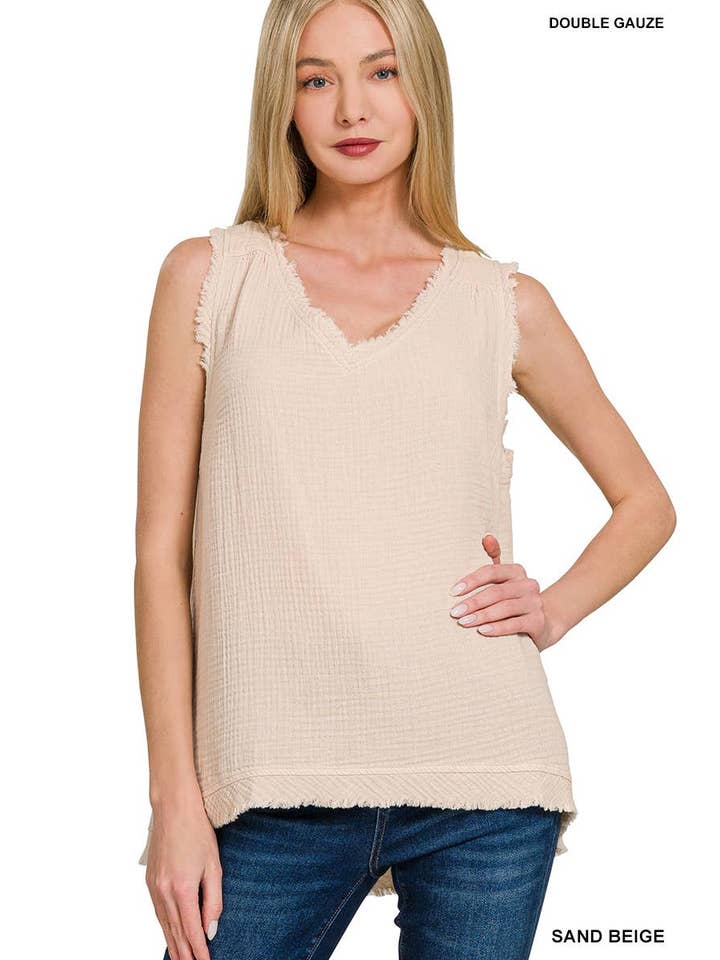 Vanilla Monkey – Engroshandel Tanktop – Kvinder – Tanktop med rå kanter og V-hals i dobbelt gaze7