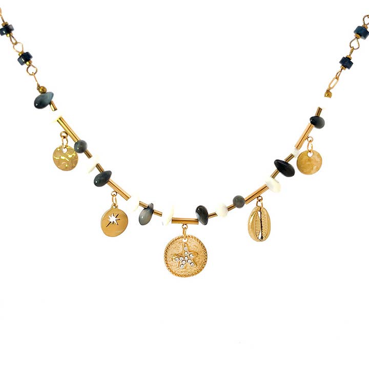 AMORINO SRL - Wholesale Pendant/Charm Necklace - NECKLACE WITH STONES AND DANGLING SEA CHARMS - NK21124160E812