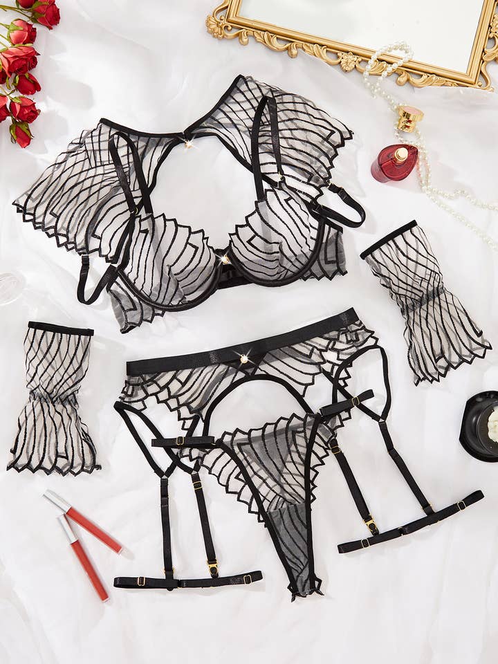 Black Sexy Sheer see through Naughty Garter Belt Lingerie Set for wholesale on Faire
