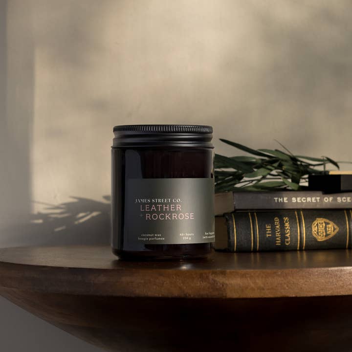 James Street Co. - Wholesale Jar/filled candle - Leather + Rockrose 8oz Candle0
