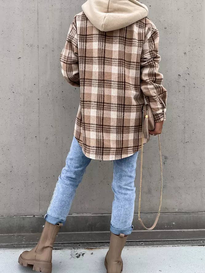 UNISHE - Vente Veste-chemise – femme - Plaid Shackets Veste Manteau Shackets avec capuche TOPW1504