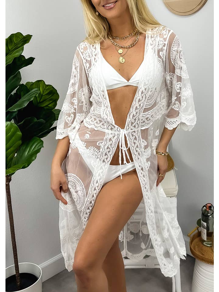 Anna Kaci Wholesale - Wholesale Swim Cover Up - Women's - Half Sleeve Tie Front Embroidered Lace Kimono Cardigan Cover