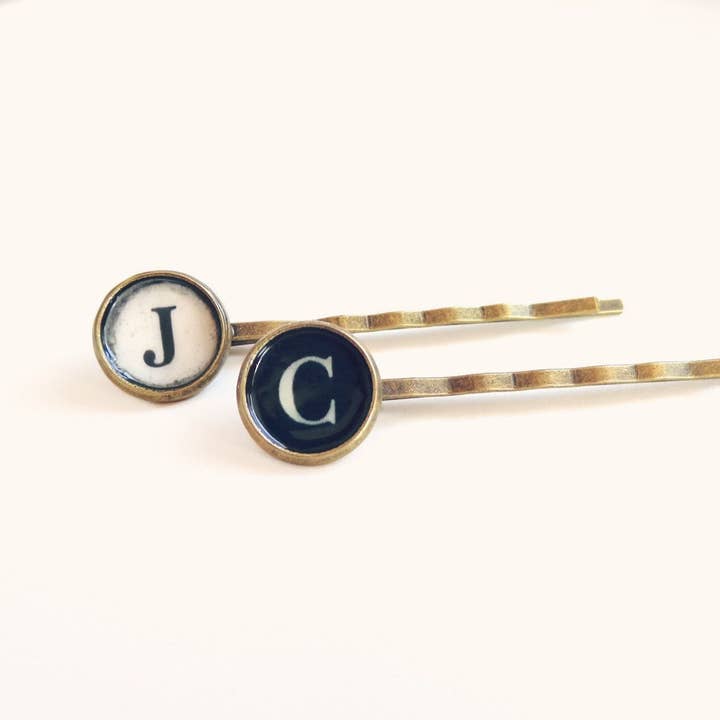 Judith - Typewriter Key Bobby Pin Set - Antique Brass - Monogram Hair Clip for wholesale by The green antique trunk