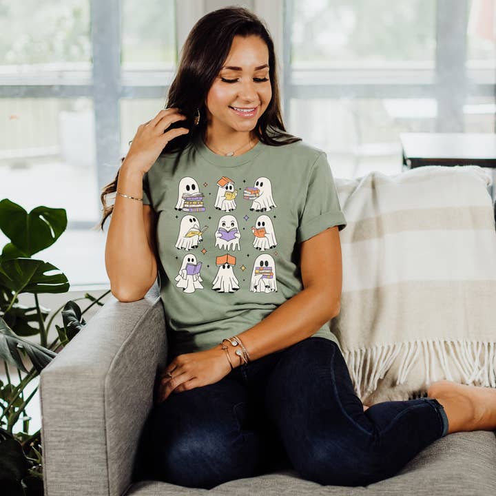 Halloween Ghost Reading Shirt for Book Lover Fall Ghost Book Reading Top for Halloween Shirt Book Reader Halloween for wholesale by PJS