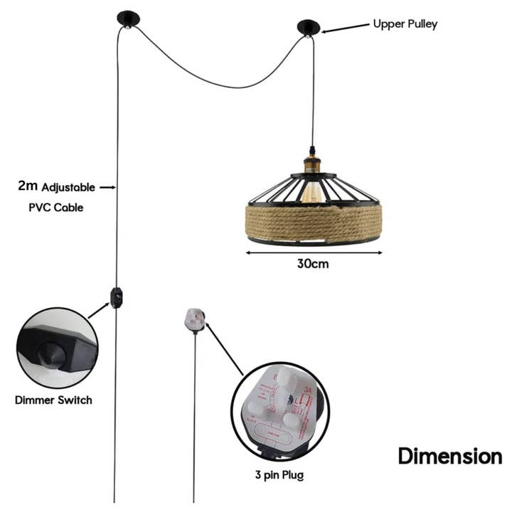 Ledsone - Wholesale Chandelier/hanging light - 2m Plug in Pendant Light Hemp Rope with Dimmer ~64471