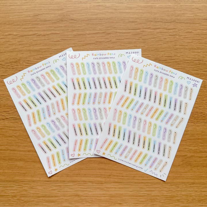 Cute Rainbow Pens (Small Pens) - Sticker Sheet for wholesale by Cute Stickers Only