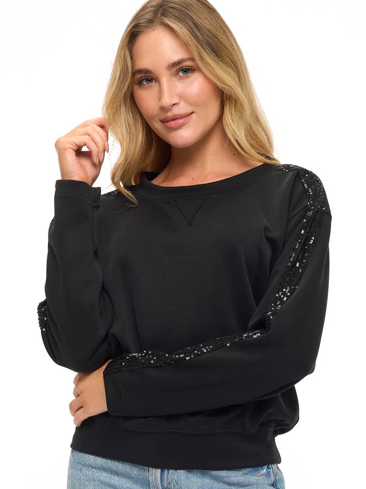 CREW NECK W/ PLEATHER SLEEVE IN SCUBA for wholesale by Ariella USA