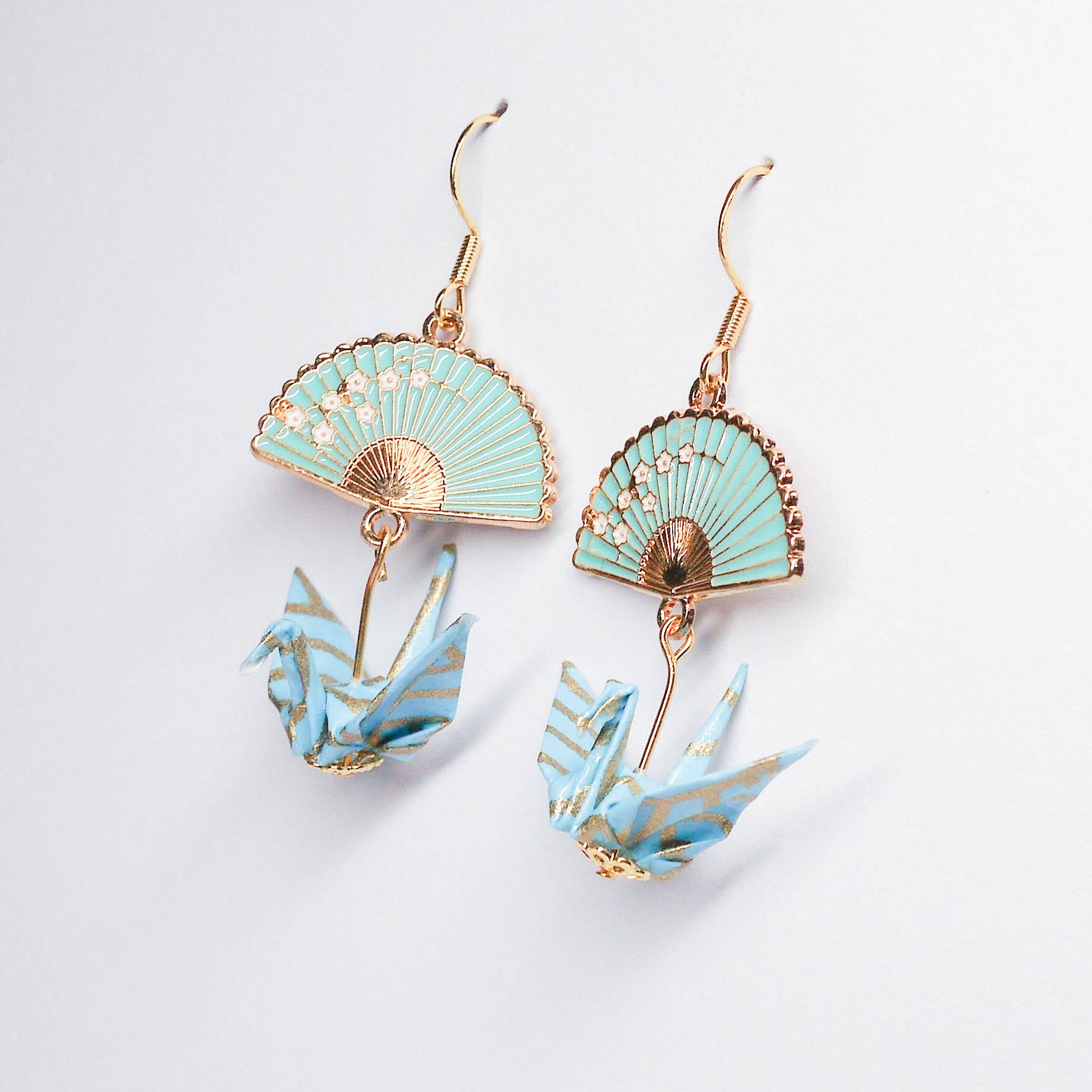 Kamyi.Art Origami Designs - Wholesale Dangle Earrings - Origami Crane and Fan Gold Earrings - Seawave on Teal1