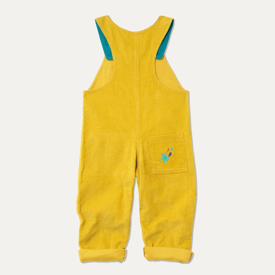 Ducky Zebra: Sustainable Kids' Clothes - Wholesale Overalls - Kids - Yellow Organic Cord Dungarees: Highland Cow & Kingfisher1