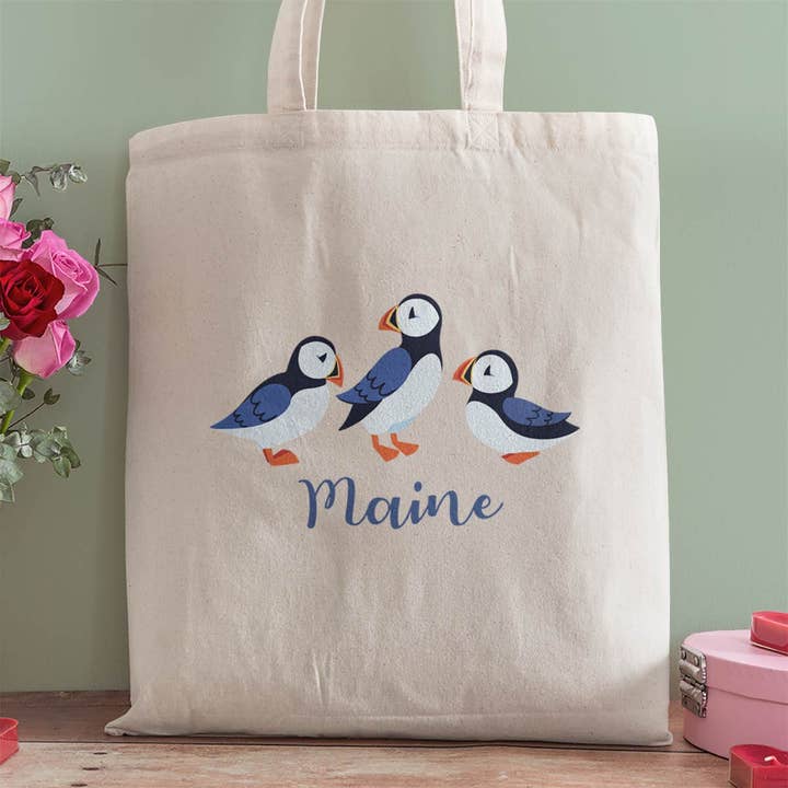 Maine Whimsical Puffins Large Cotton Grocery Totes for wholesale by RetroPlanet
