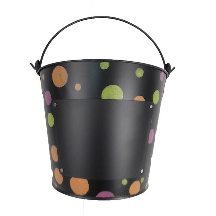 Tin Pail with Polka Dots, Handle and Chalkboard, Black-Multi - 7.5" tall for wholesale by Birch Maison