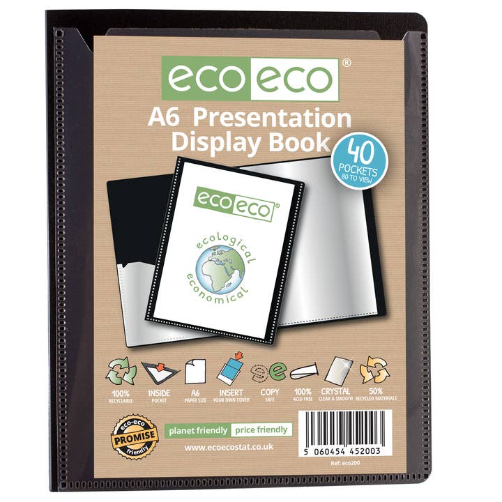 A6 50% Gerecycled Zwart 40 Vaks Presentatie Display Boek voor wholesale door eco-eco Stationery Ltd