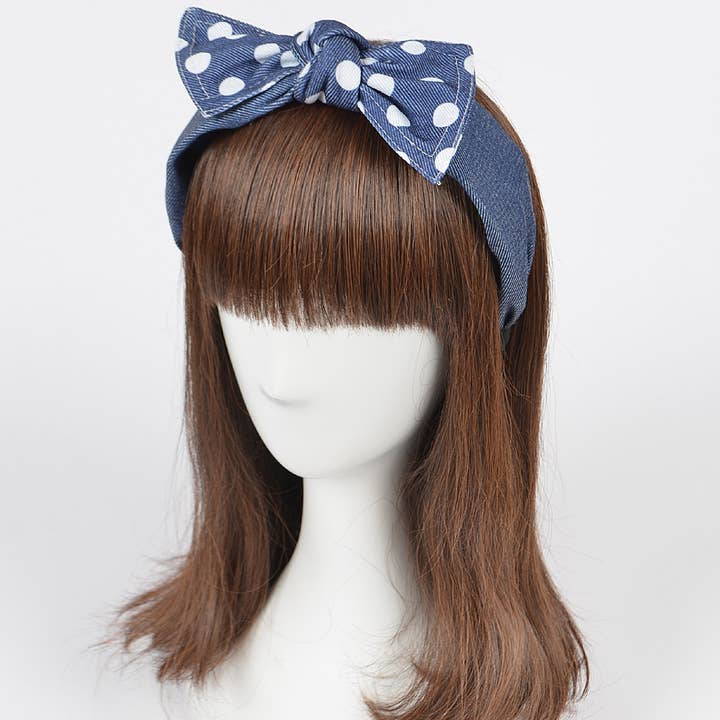 3AM BY H&D ACCESSORIES - Wholesale Fashion Headband - Women's - Polka Dot Denim Ribbon Headband0