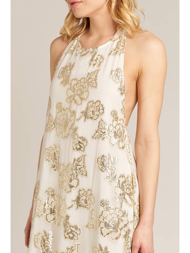 En Crème - Wholesale Dress - Women's - Halter Neck Maxi Dress with Lurex Gold Flowers