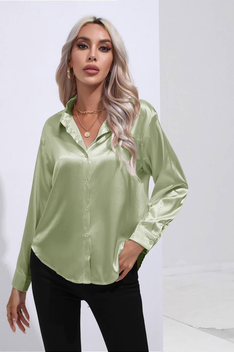 NINEXIS - Wholesale Button Down Shirt - Women's - CWTBLL0690_Button Down Silky Satin Long Sleeve Top61