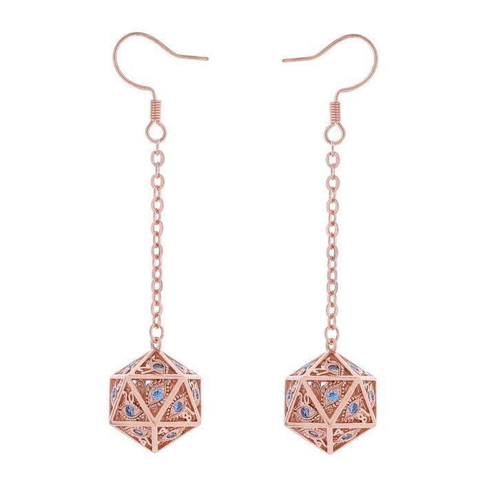 Boucles d'oreilles D20 Œil de Dragon HYJ048 - Or rose avec pierres bleues pour la vente par Hymgho Premium Dice