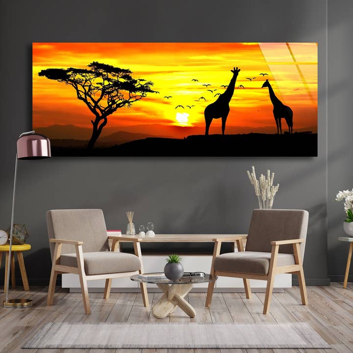 Girafas Panorâmicas Safari Life Arte de parede em vidro temperado por atacado de MyPhotostation