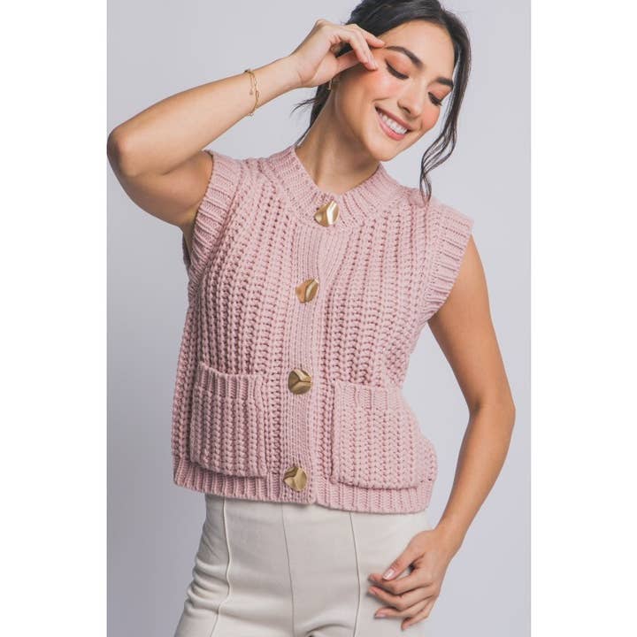 Knit Sleeveless Sweater Vest with Gold Button Down for wholesale by BNS