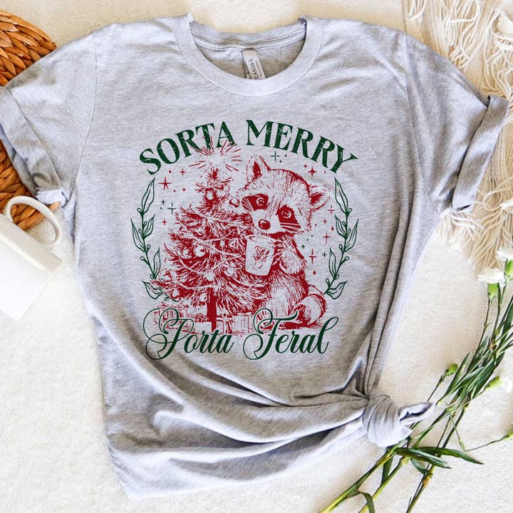 House Of Rodan – wholesale Screen printed t-shirt – Women′s – Sorta Merry Sorta Feral - Funny Raccoon Christmas T-Shirt2