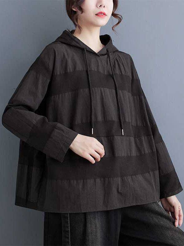 Long Sleeves Loose Drawstring Hooded Solid Color Split-Joint Round-Neck Hoodies Tops for wholesale by StyleGalX