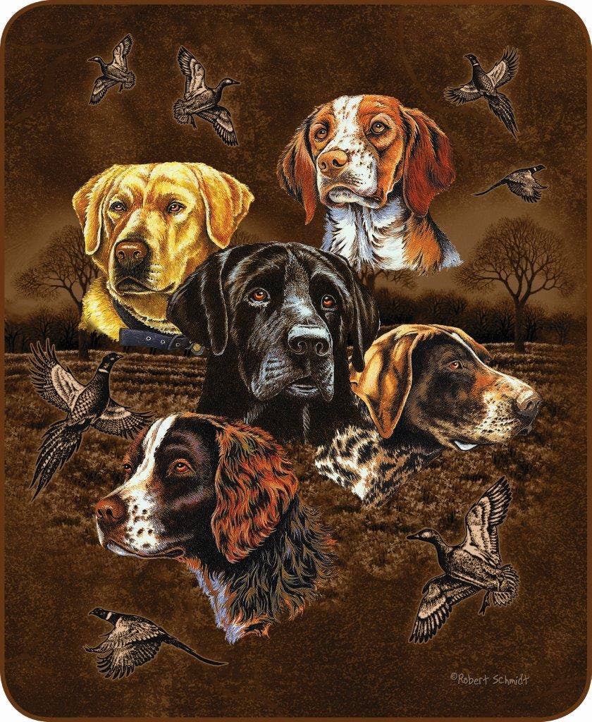 Duke Imports - Wholesale Bedding Blanket - "Five Hunting Dogs" 1-Ply Medium Weight Faux Fur Blanket0