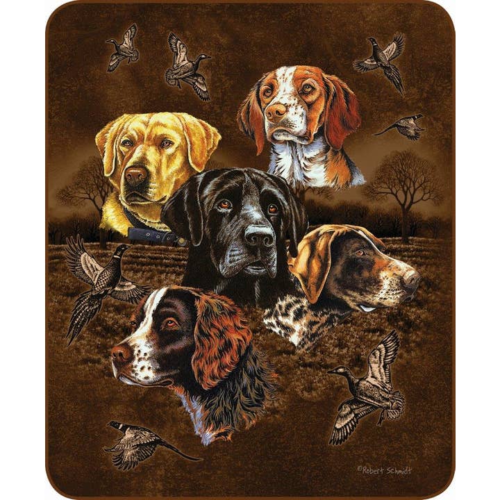 Duke Imports - Wholesale Bedding Blanket - "Five Hunting Dogs" 1-Ply Medium Weight Faux Fur Blanket