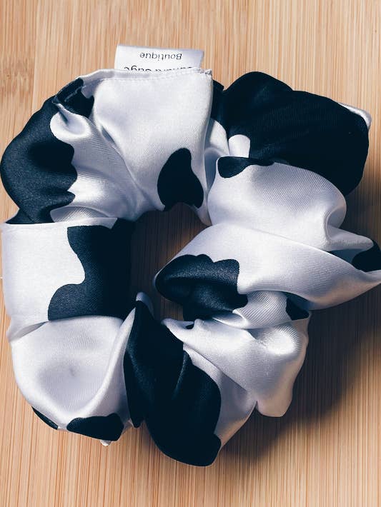 Cow Print Satin Scrunchie, Handmade Scrunchy, Silk Satin for wholesale by Sahara Sage Boutique