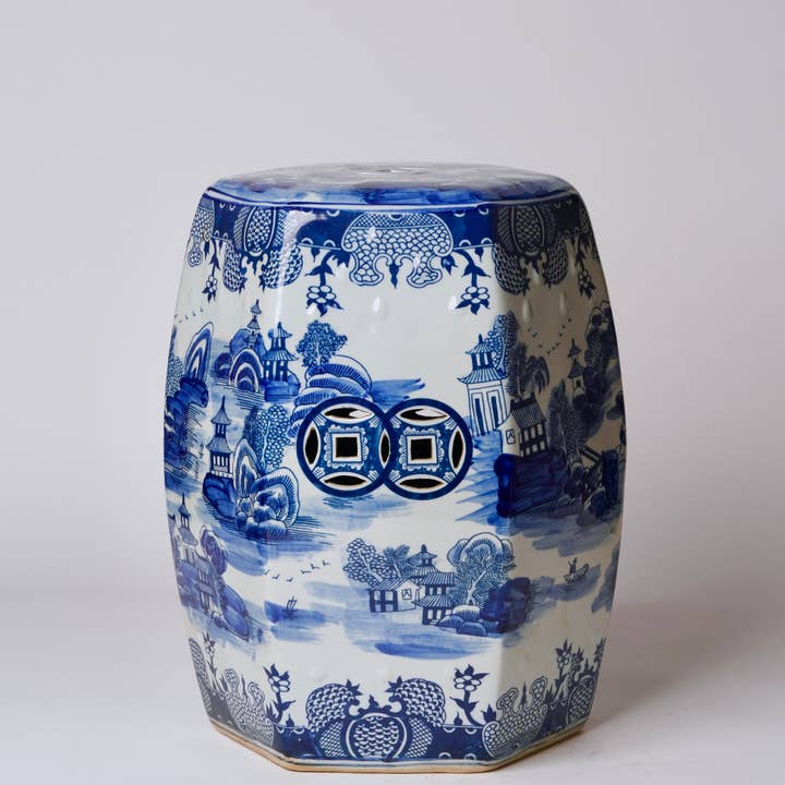 Cobalt Guild - Wholesale Outdoor Ornament/Decor - "Willow Ware" Blue and White Hexagonal Porcelain Garden Seat