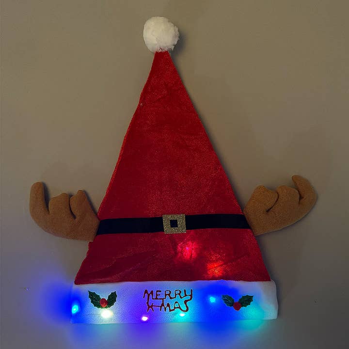 Red LED Light-Up Christmas Reindeer Santa Hat for wholesale on Faire4