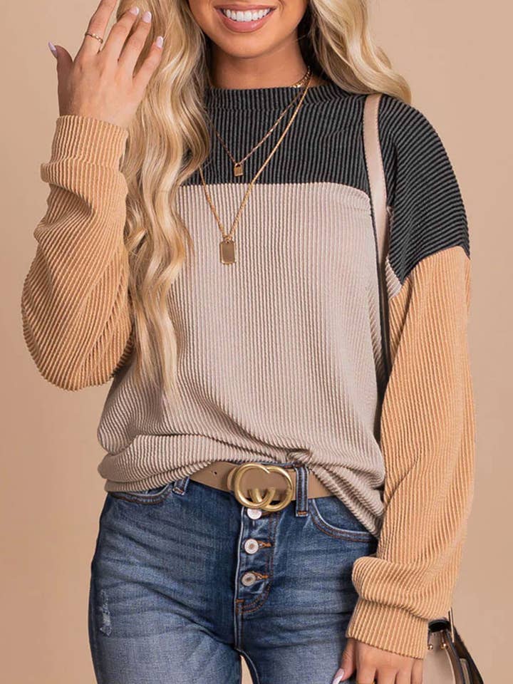 Tampo de manga comprida estilo Corduroy com canelado bloco de cor por atacado de EG fashion