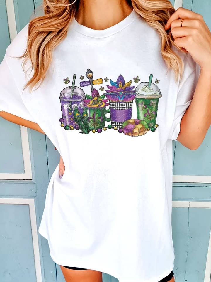 Louisiana Coffee Cups, Mardi Gras, Unisex Round Neck T-Shirt for wholesale by Top Avenue