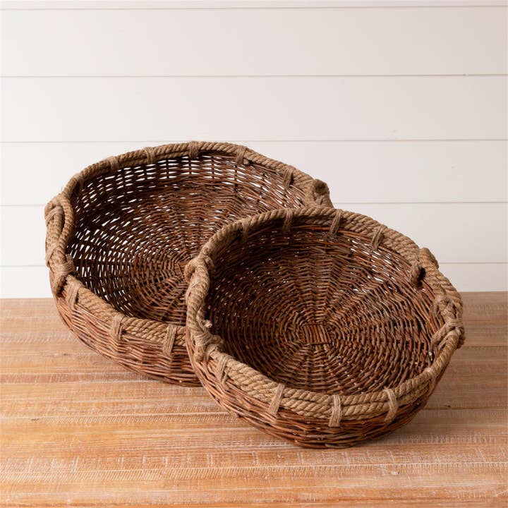 Audrey's Home & Gift - Wholesale Decorative Tray - Round Wicker Trays With Rope Handles (Set Of 02)1