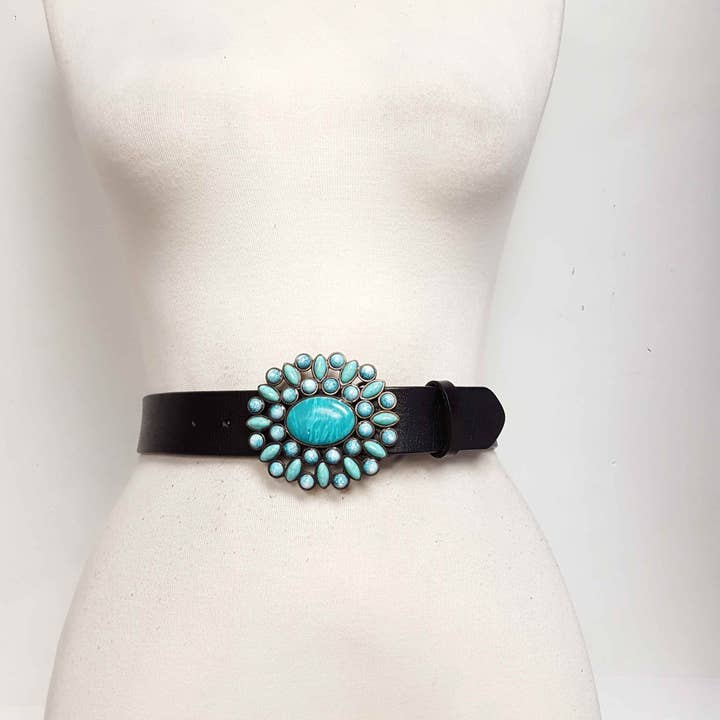Axesoria West - Wholesale Belt - Women's - Genuine leather belt w. Western Turquoise Floral Buckle4