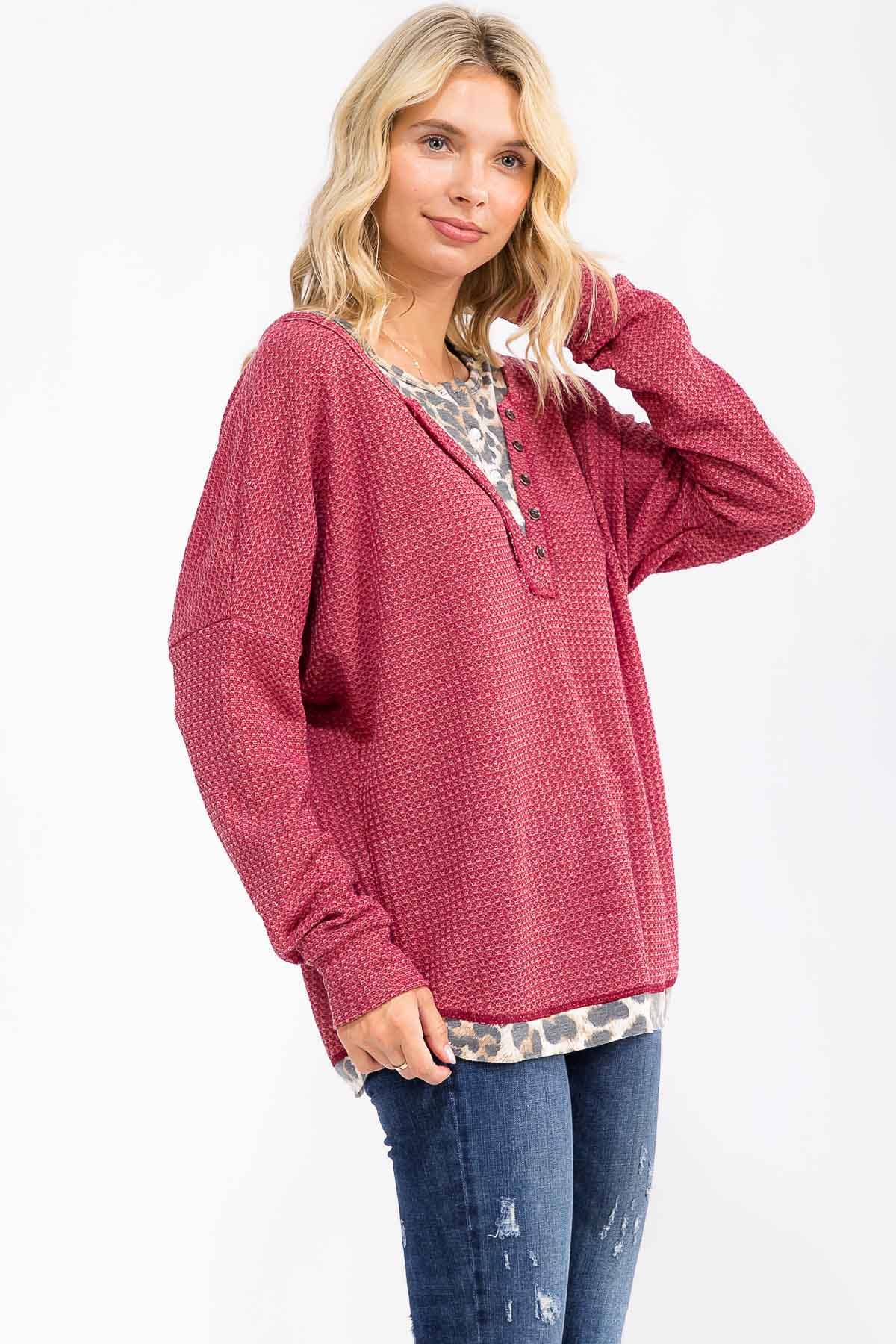 7th Ray - Wholesale Knit Top - Women's - Leopard Print Double layered Henley Top T60784